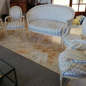 Tapissier Perpignan Salon Canapé Corbeille et 4 Cabriolets Louis XVI après